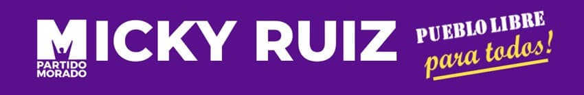 Logo de campaña de Micky Ruiz con el eslogan Pueblo Libre para todos sobre fondo morado.