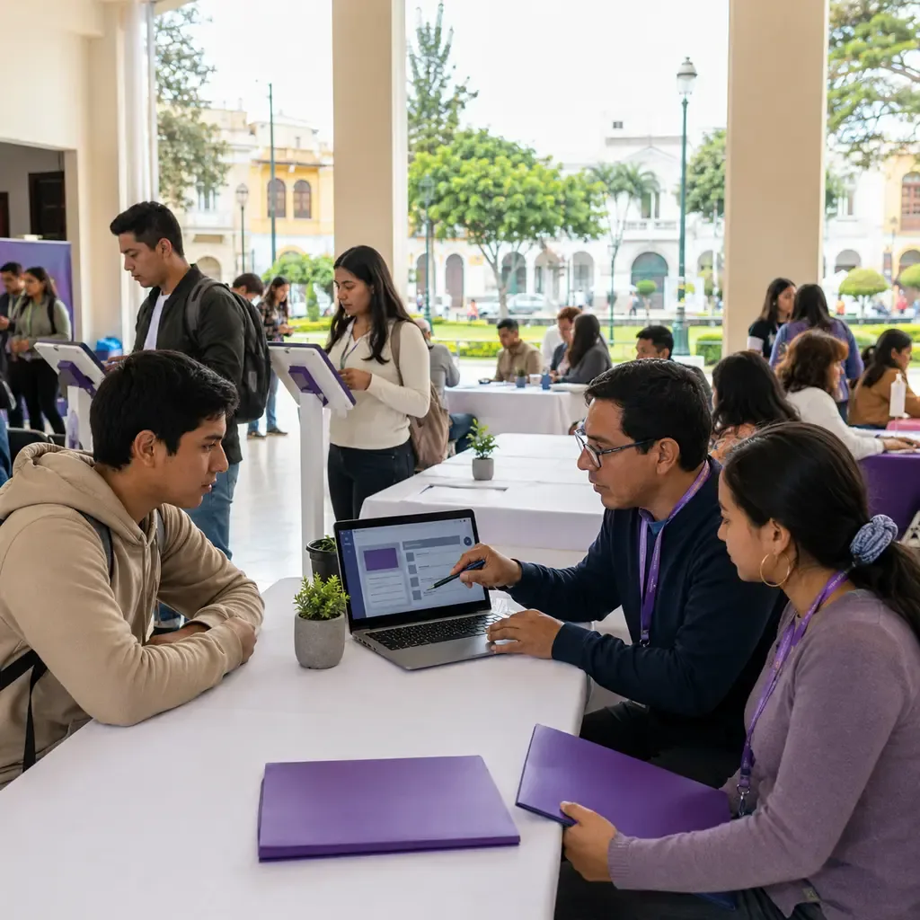 Jóvenes en formación tecnológica conversando en un centro de empleo y capacitación digital