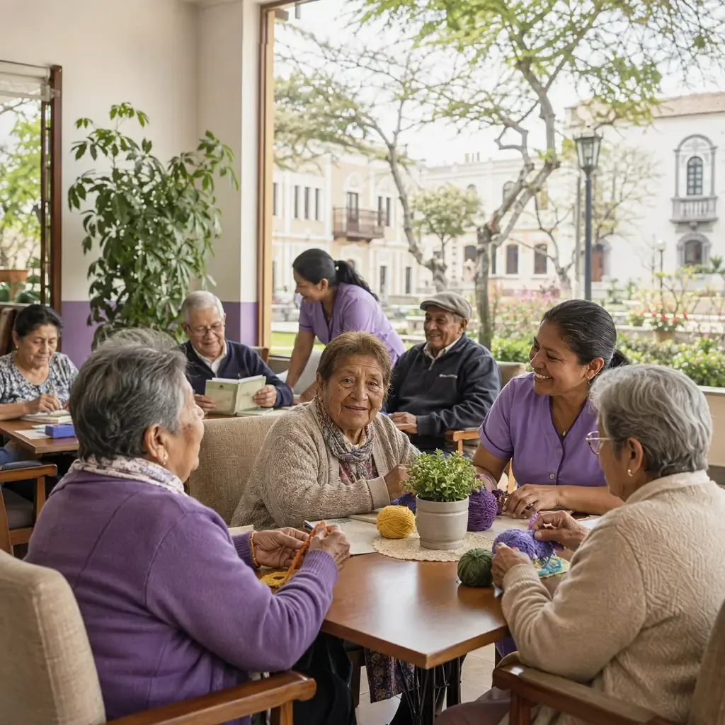 Adultos mayores tejiendo y conversando con cuidadora en un centro diurno luminoso con vista a la plaza de Pueblo Libre