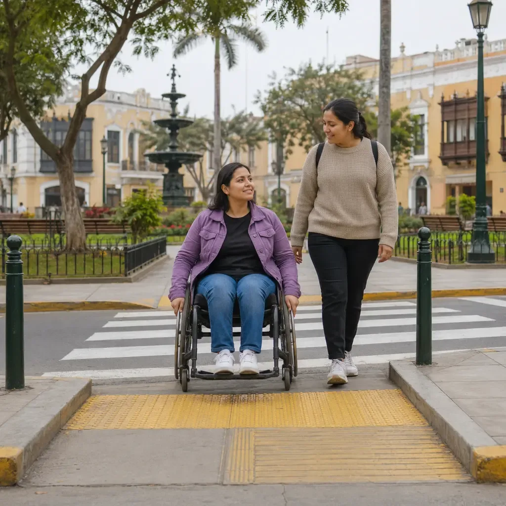 Mujer en silla de ruedas y acompañante utilizando rampa de accesibilidad con suelo táctil en una plaza histórica de Pueblo Libre