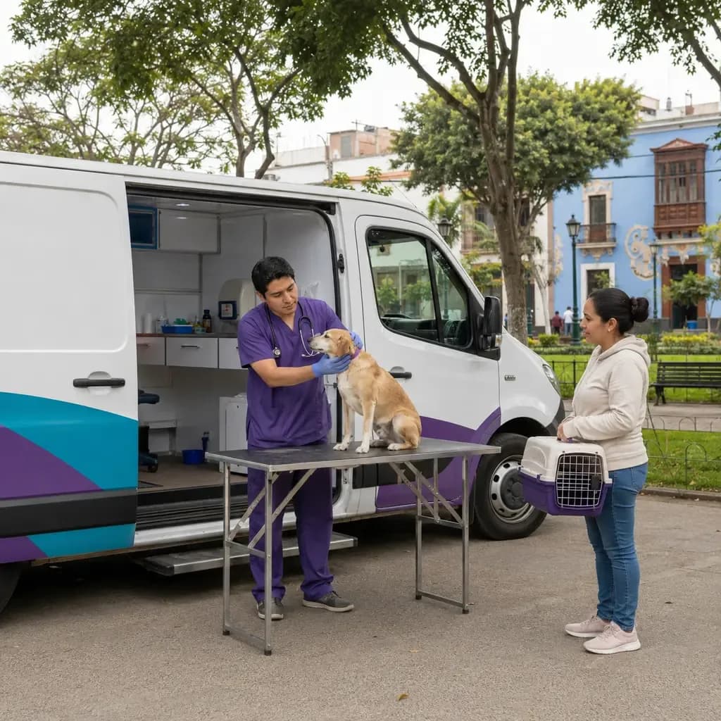 Veterinario atendiendo a un perro en la clínica móvil municipal en un parque de Pueblo Libre