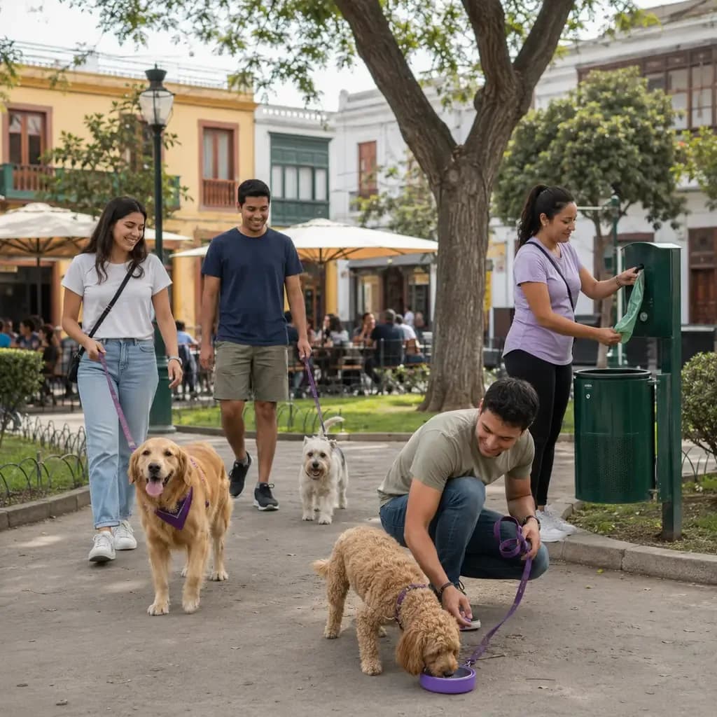 Vecinos paseando mascotas en una plaza limpia de Pueblo Libre con estaciones de desechos y bebederos