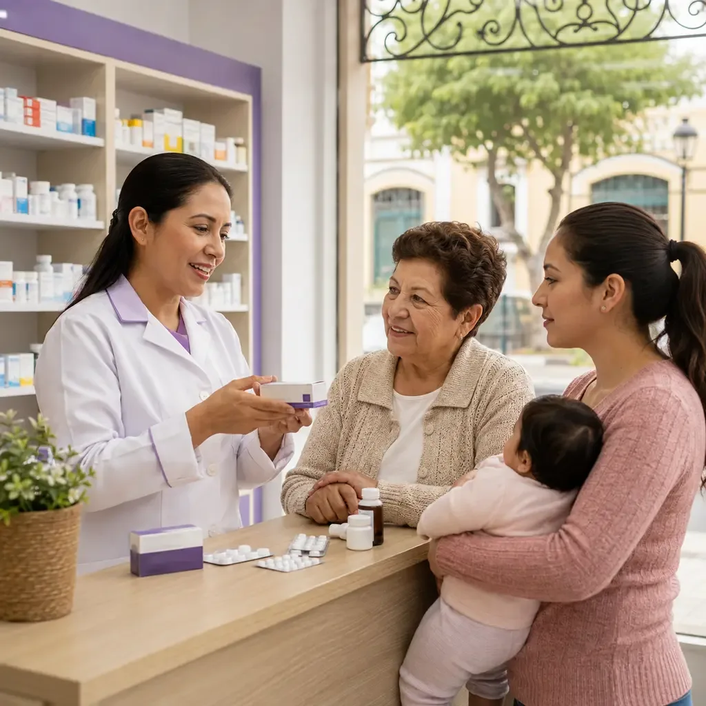 Farmacéutica entregando medicamentos a una mujer mayor y madre con bebé en botica municipal