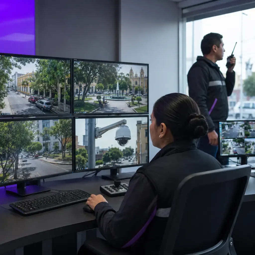 Operadora en centro de monitoreo vigilando cámaras de videovigilancia de calles y plazas de Pueblo Libre