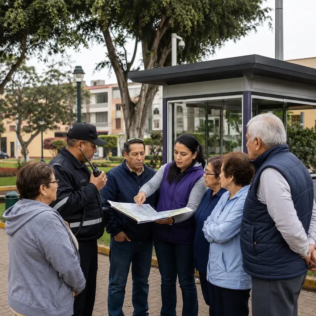Vecinos y personal de seguridad revisando un mapa junto a representante en un parque de Pueblo Libre
