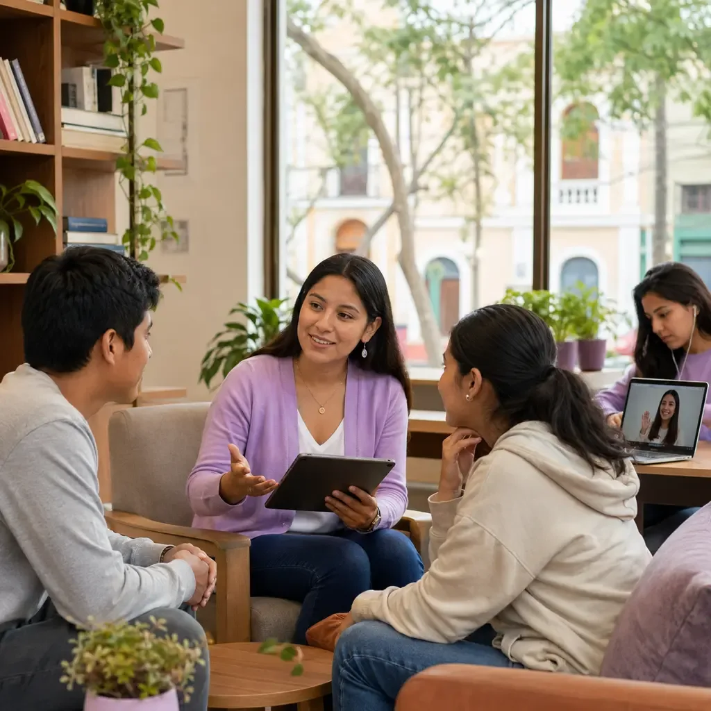 Jóvenes compartiendo ideas en un centro de estudios moderno y luminoso en Pueblo Libre