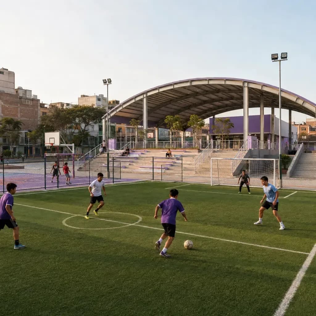 Jóvenes jugando fútbol en cancha municipal renovada con césped sintético y tribunas techadas