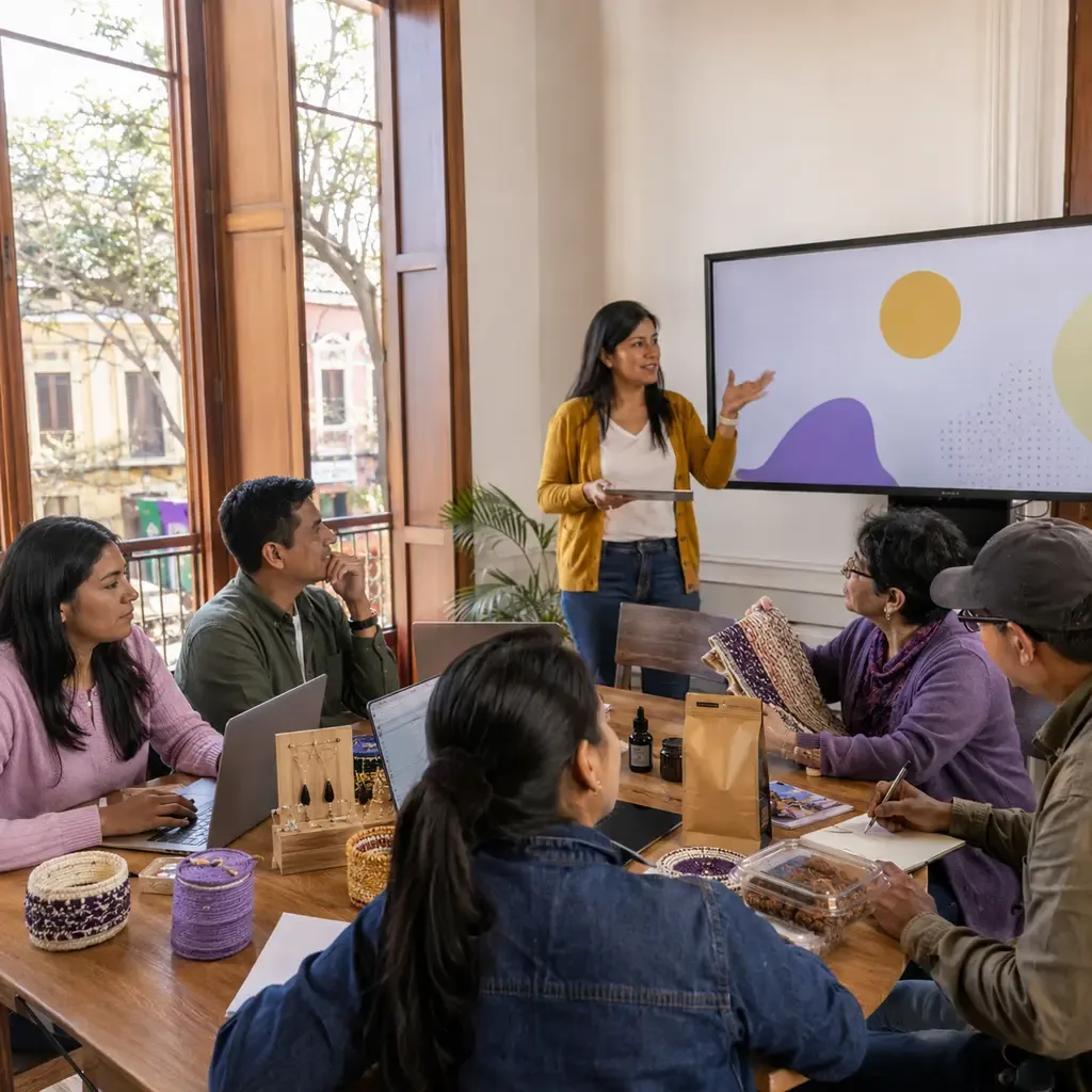 Emprendedores y jóvenes colaborando en un espacio de innovación con estanterías y luz natural