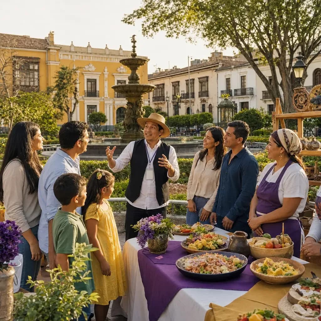 Familias y turistas disfrutando de una feria gastronómica en la plaza mayor de Pueblo Libre