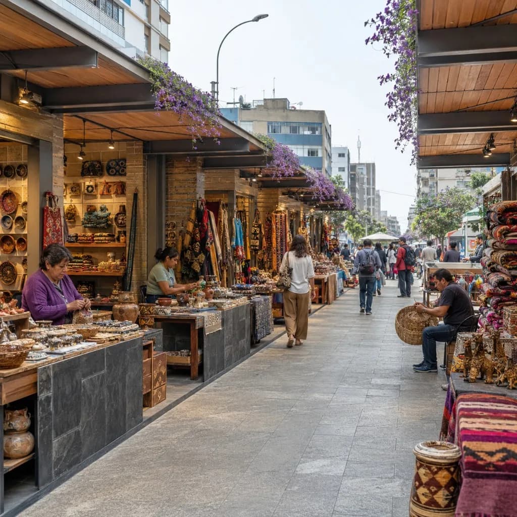 Mercado de artesanías al aire libre con cerámica, textiles y cestería en un espacio público renovado