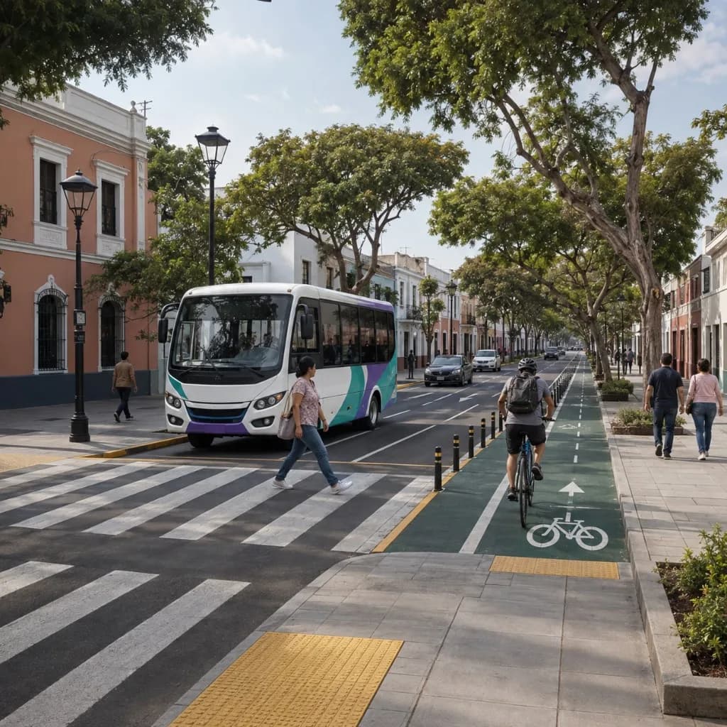 Calle en Pueblo Libre con bus de transporte público, ciclovía verde y cruce peatonal seguro