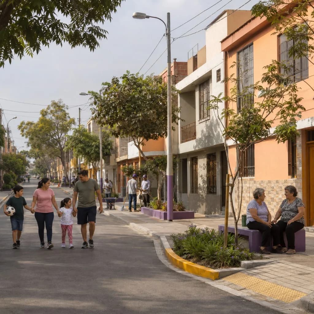Familia caminando por calle remodelada con bancas moradas donde conversan adultos mayores en Pueblo Libre