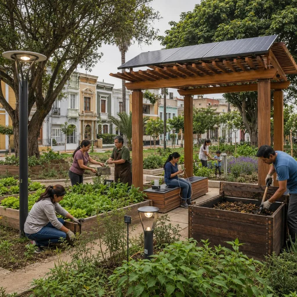 Vecinos trabajando en huerto urbano comunitario con compostera y pérgola con paneles solares