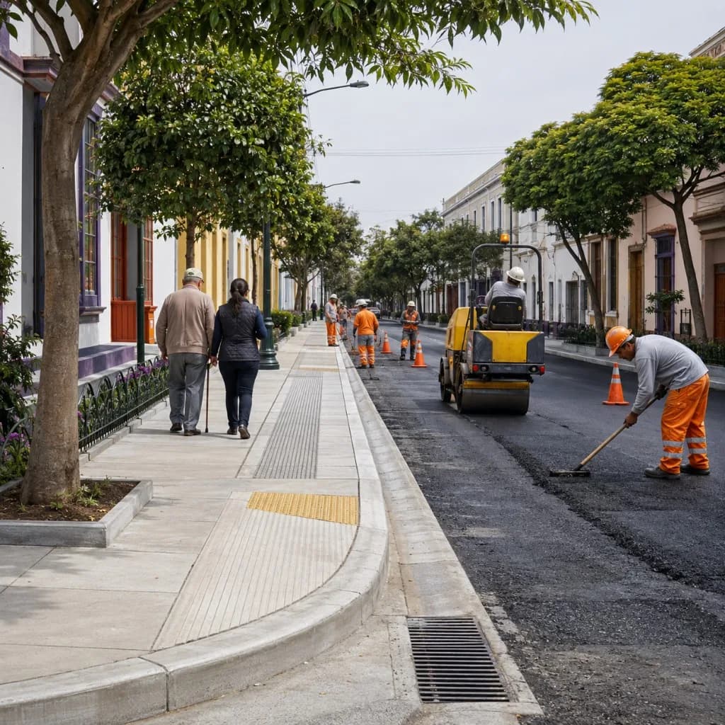 Obras de repavimentación y mejora de veredas con señalización podotáctil en calle arbolada de Pueblo Libre