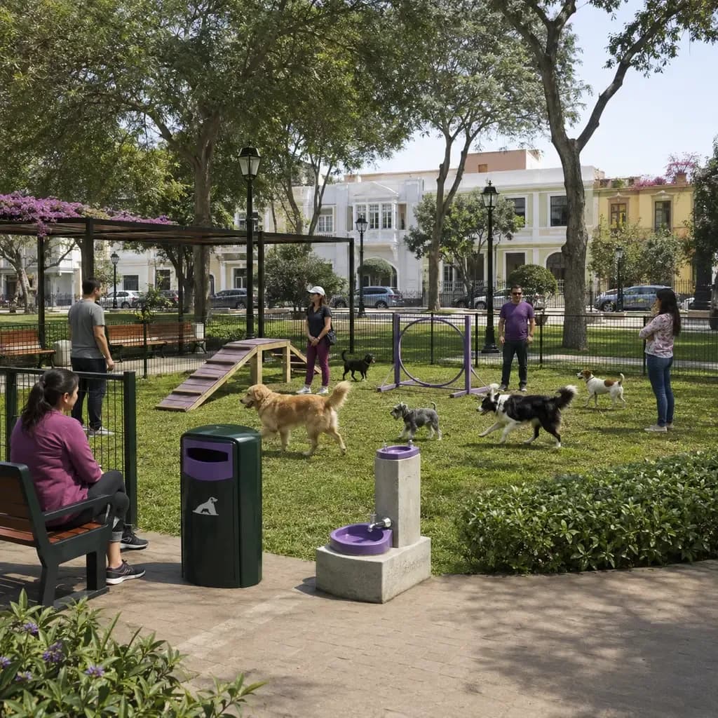 Dueños de mascotas utilizando áreas caninas y estaciones de limpieza en parques de Pueblo Libre