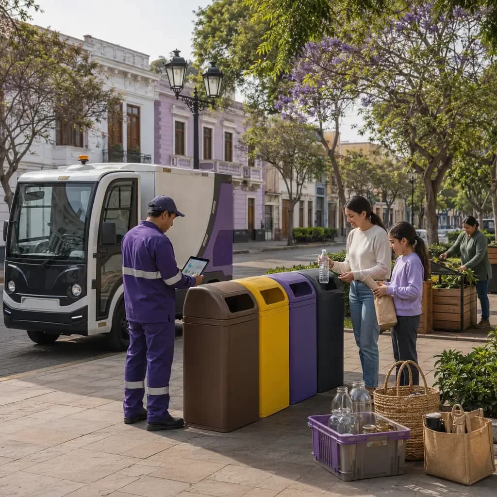 Vecinos y trabajador municipal reciclando y haciendo compost en un parque de Pueblo Libre