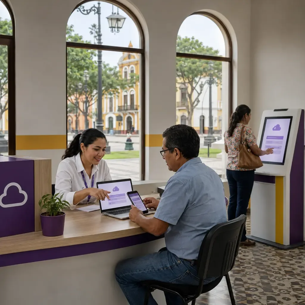 Ciudadano realizando trámites municipales desde dispositivo móvil en oficina digital de Pueblo Libre